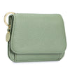 A light sage green genuine leather slim trifold wallet with a zipper pouch and gold hardware.
