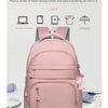 Una mochila rosa con artículos como una laptop, libros y un paraguas visibles en el compartimento.