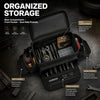 Black organized storage tool bag showing interior compartments and pockets for various tools and equipment