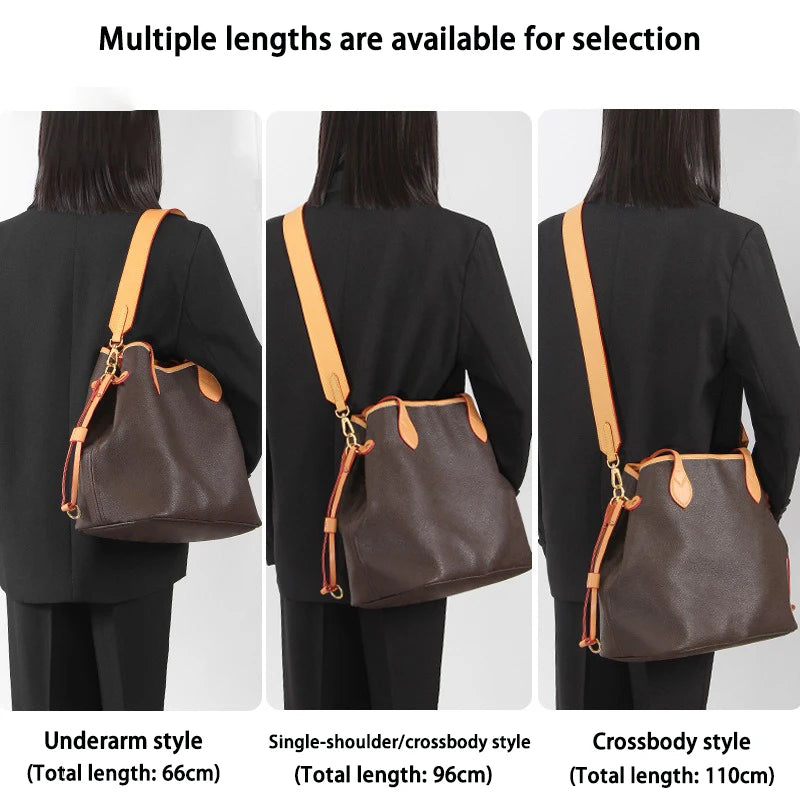 Three views of a brown leather shoulder bag showing different lengths and styles
