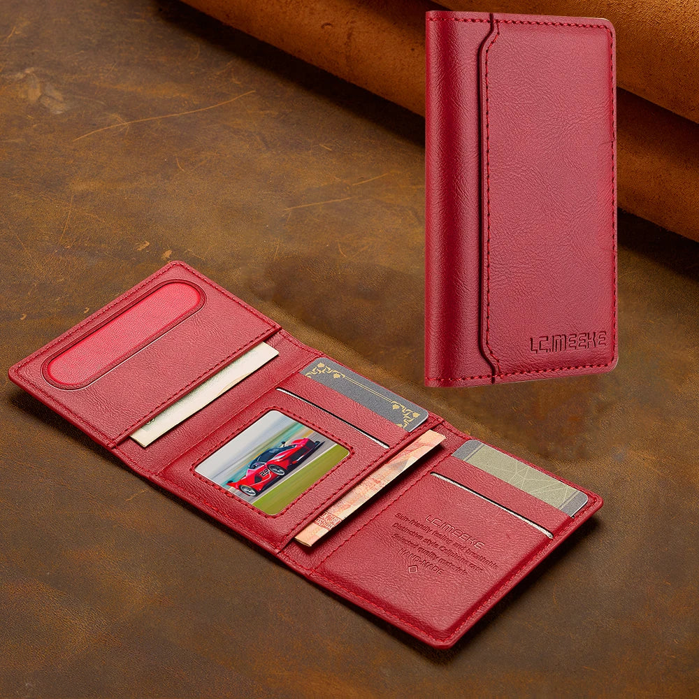 A red leather multi-card wallet with a phone grip stand is shown on a brown surface.