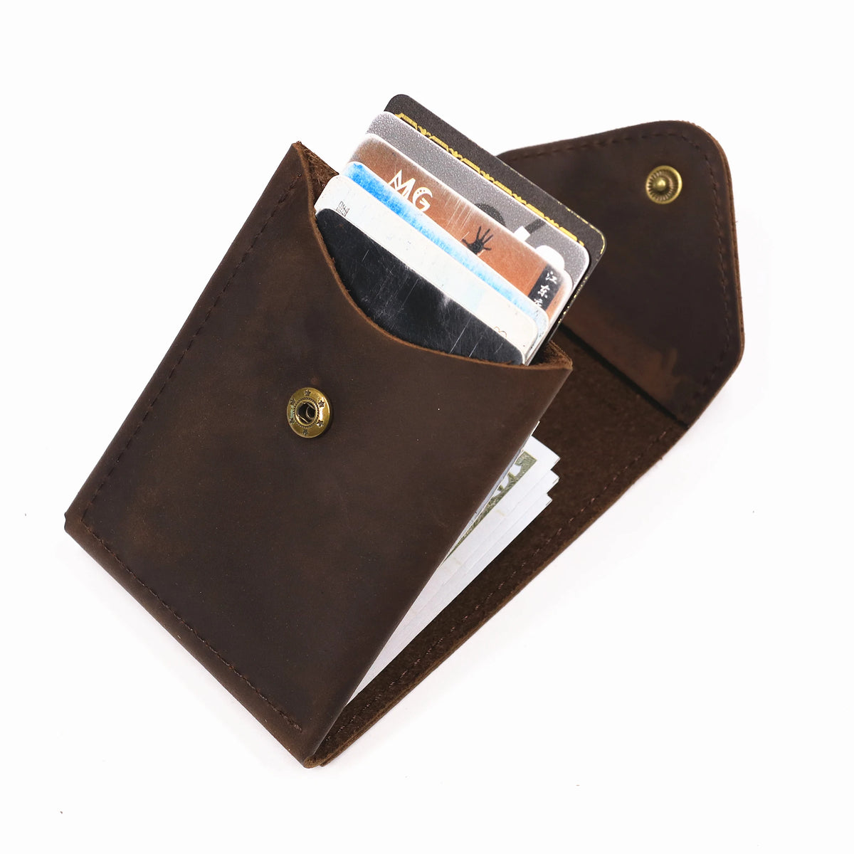 A brown genuine cowhide leather wallet for men showing several cards inside.