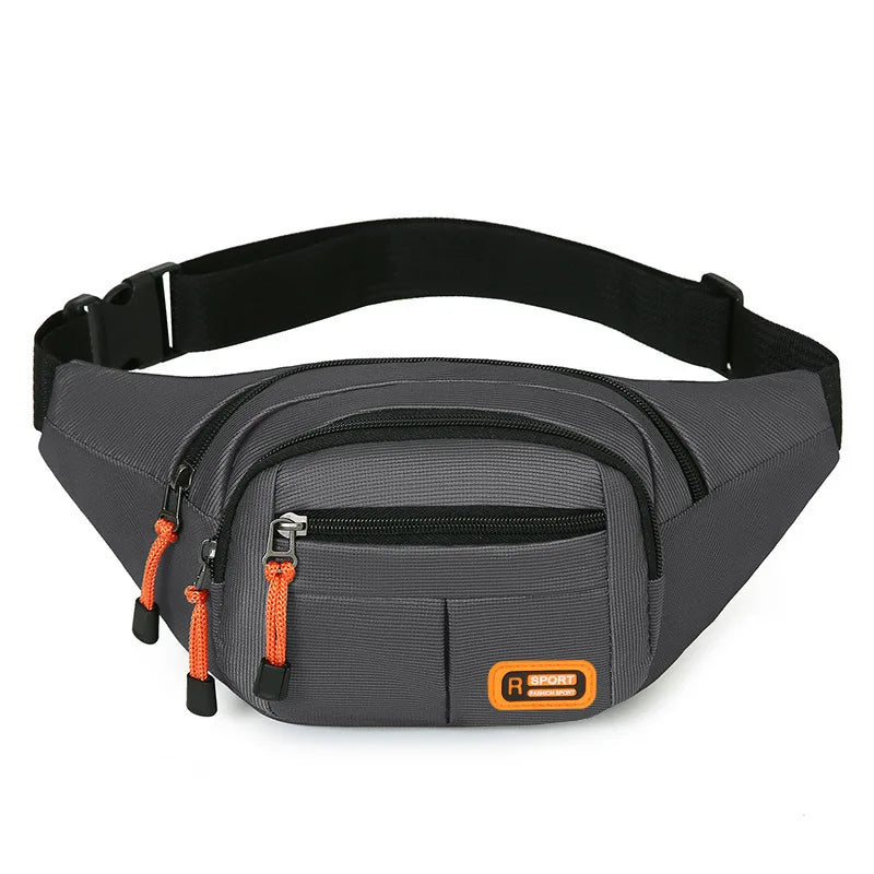 A gray multifunctional anti-theft waist pack with a black strap and orange accents.