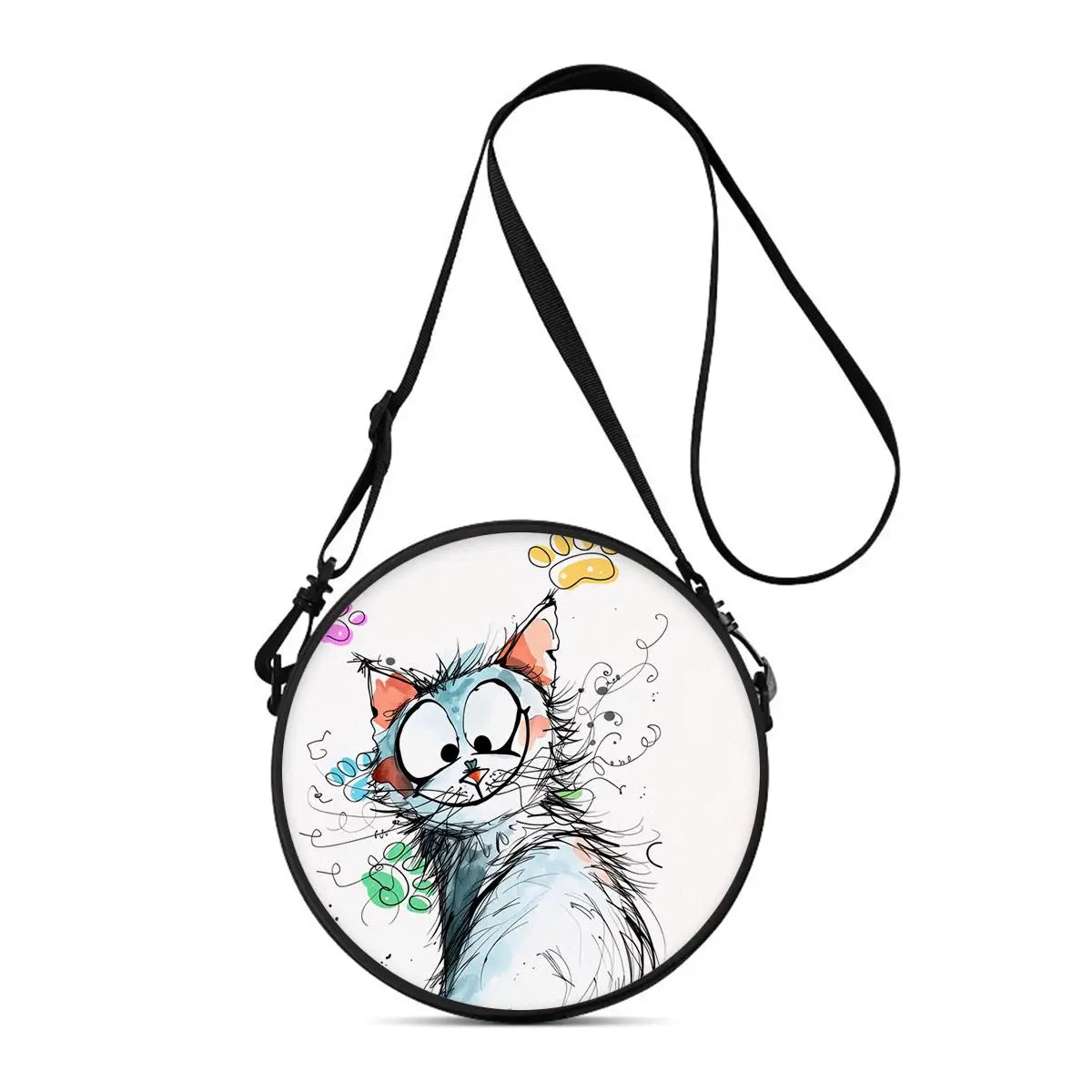 A round cartoon cat crossbody bag with a black strap and watercolor-style artwork.