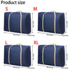 A comparison of small, medium, large, and extra-large navy blue foldable storage bags labeled S, M, L, and XL with correspond