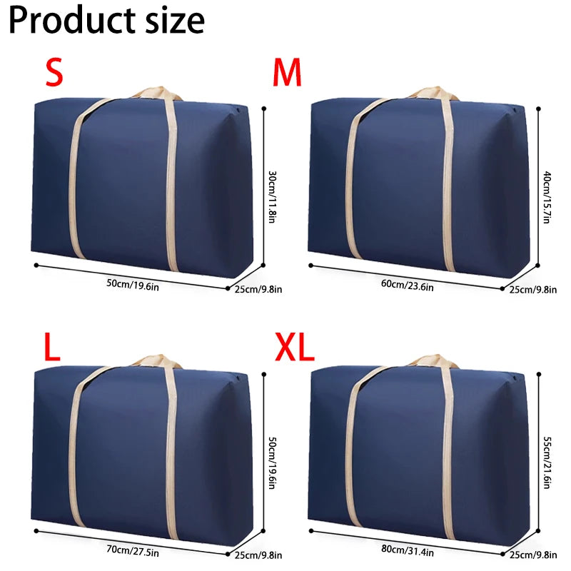 A comparison of small, medium, large, and extra-large navy blue foldable storage bags labeled S, M, L, and XL with correspond