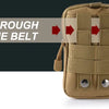 Tan taktische Tarnbeinsack-Bauchtasche mit Pfeilen, die durch den Gürtel zeigen.
