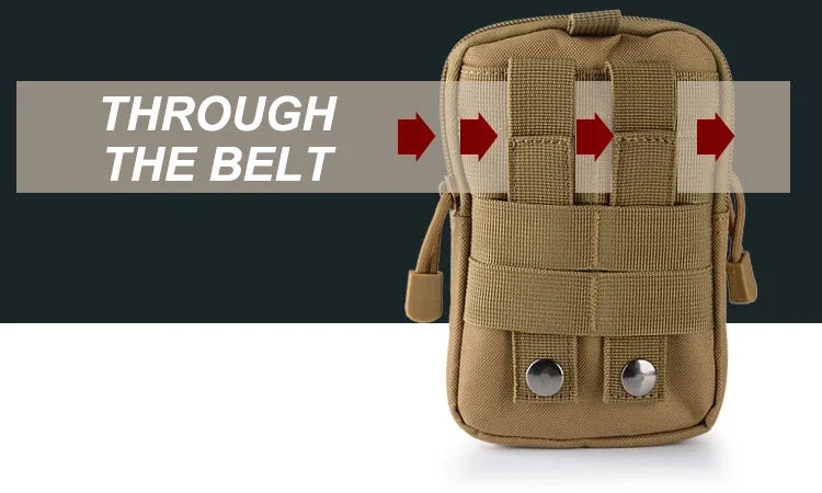 Tan taktische Tarnbeinsack-Bauchtasche mit Pfeilen, die durch den Gürtel zeigen.