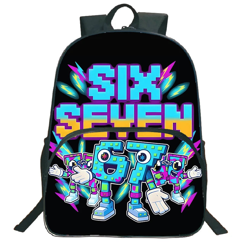 A black backpack featuring bright purple and yellow text that reads SIX SEVEN.
