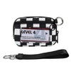 A black and white checkered wallet with a clear window displaying the text Level 4.