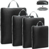 A set of black reusable compression packing cubes, including a large body and two smaller zippered bags.