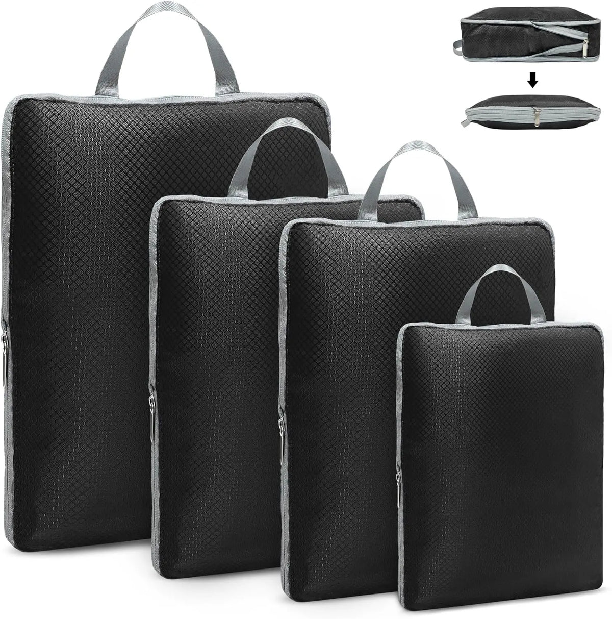 A set of black reusable compression packing cubes, including a large body and two smaller zippered bags.