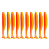 A row of ten orange and yellow adjustable soft lure fishing tackle baits.
