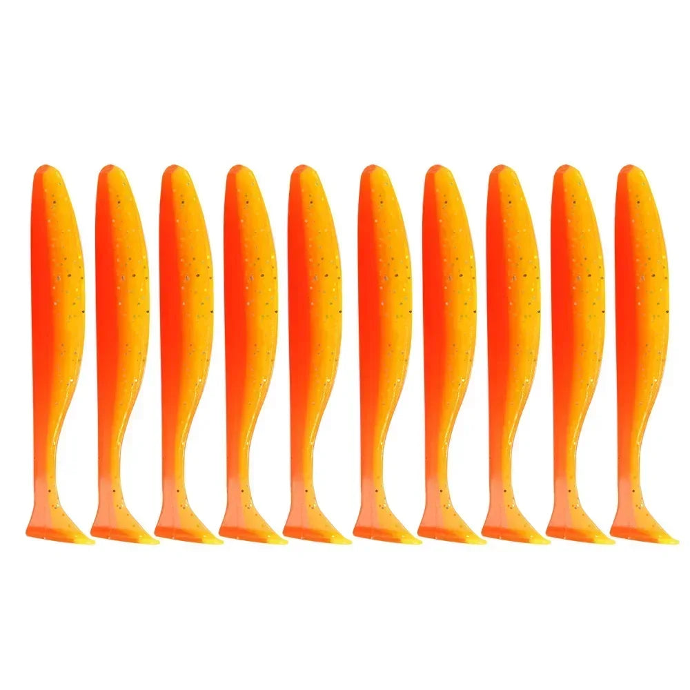 A row of ten orange and yellow adjustable soft lure fishing tackle baits.