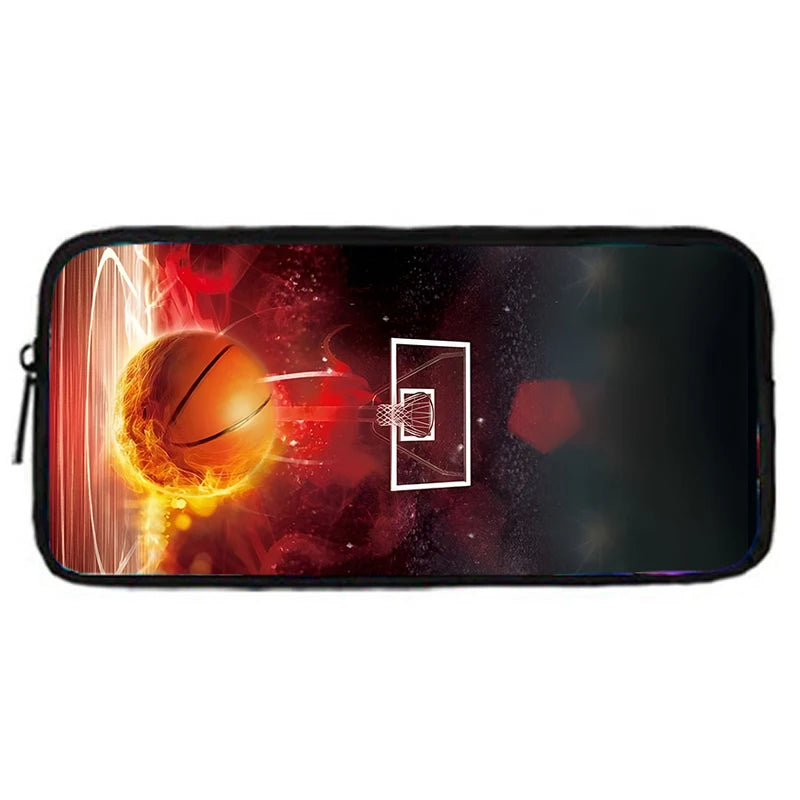 A black pouch featuring a vibrant graphic of a basketball glowing with light against a dark, cosmic background.
