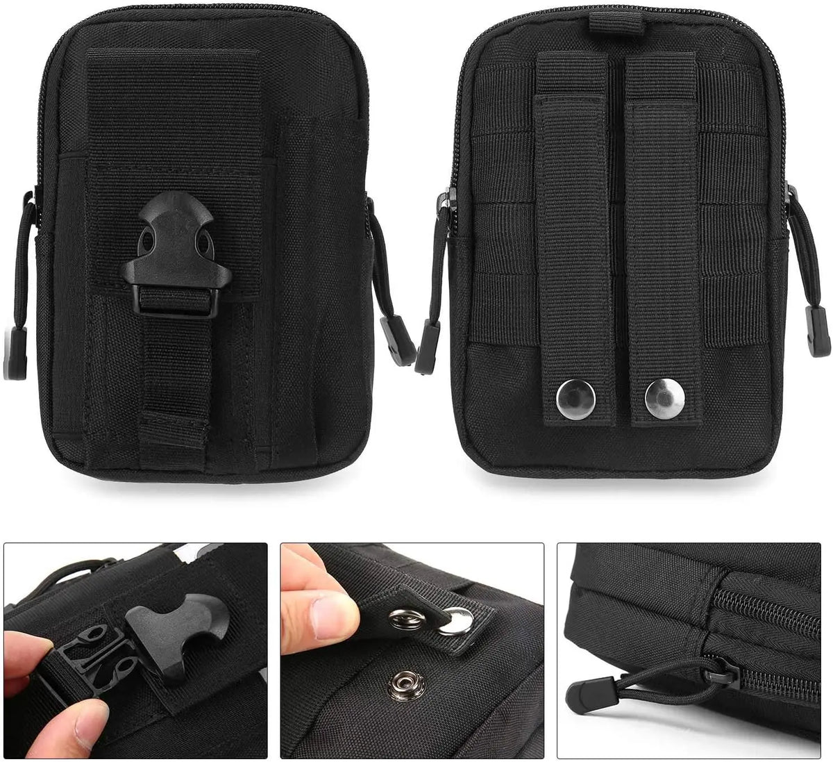 Black tactical EDC utility pouch with MOLLE strap shown in multiple views.