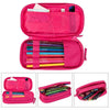 A pink classic leather pencil case set with multiple compartments and colored pencils inside.