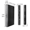 A slim black card holder wallet shown from the front and back views.