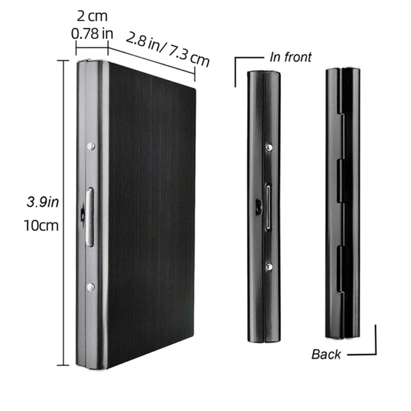 A slim black card holder wallet shown from the front and back views.