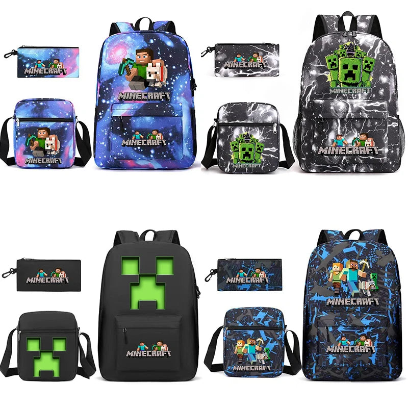 A set of Minecraft themed backpacks and pouches in various colors and designs.