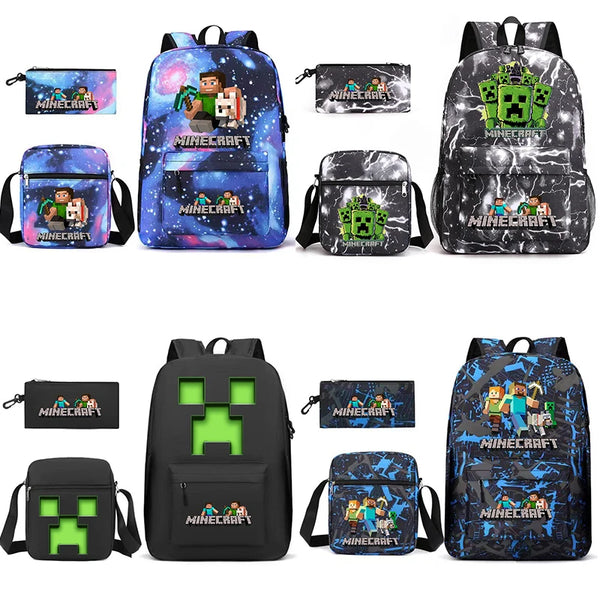 Un ensemble de sacs à dos et de pochettes à thème Minecraft, dans diverses couleurs et designs.
