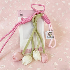 Aesthetic tulip flower bag charm keychain in pink and green colors