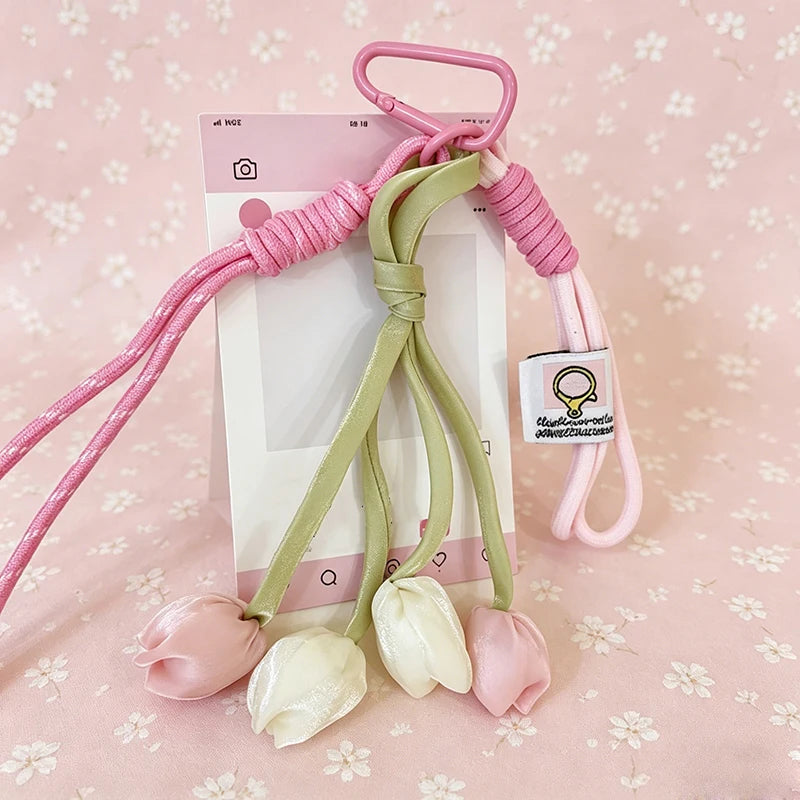 Aesthetic tulip flower bag charm keychain in pink and green colors