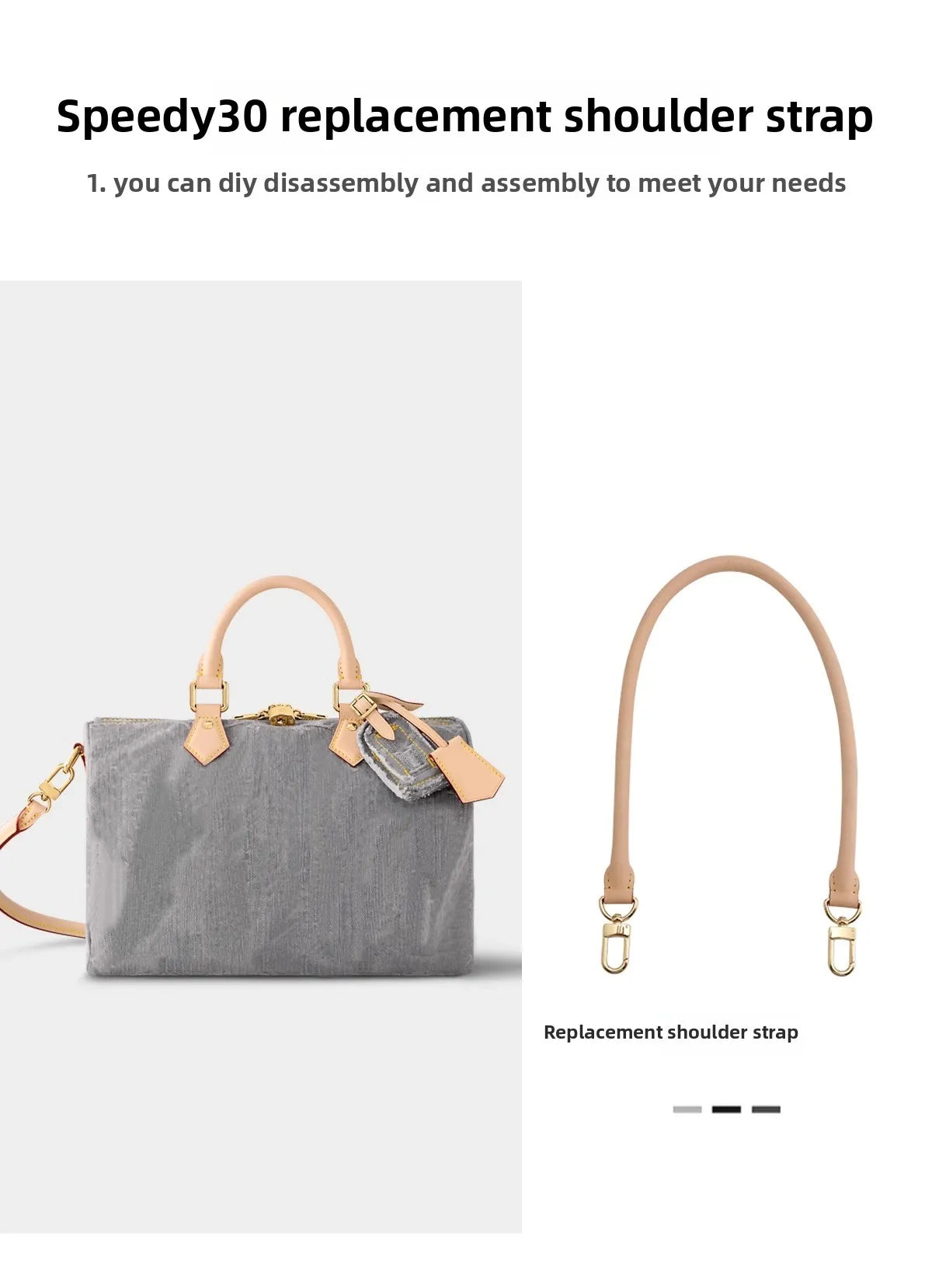 A grey canvas handbag with a tan leather replacement shoulder strap is shown next to the strap.