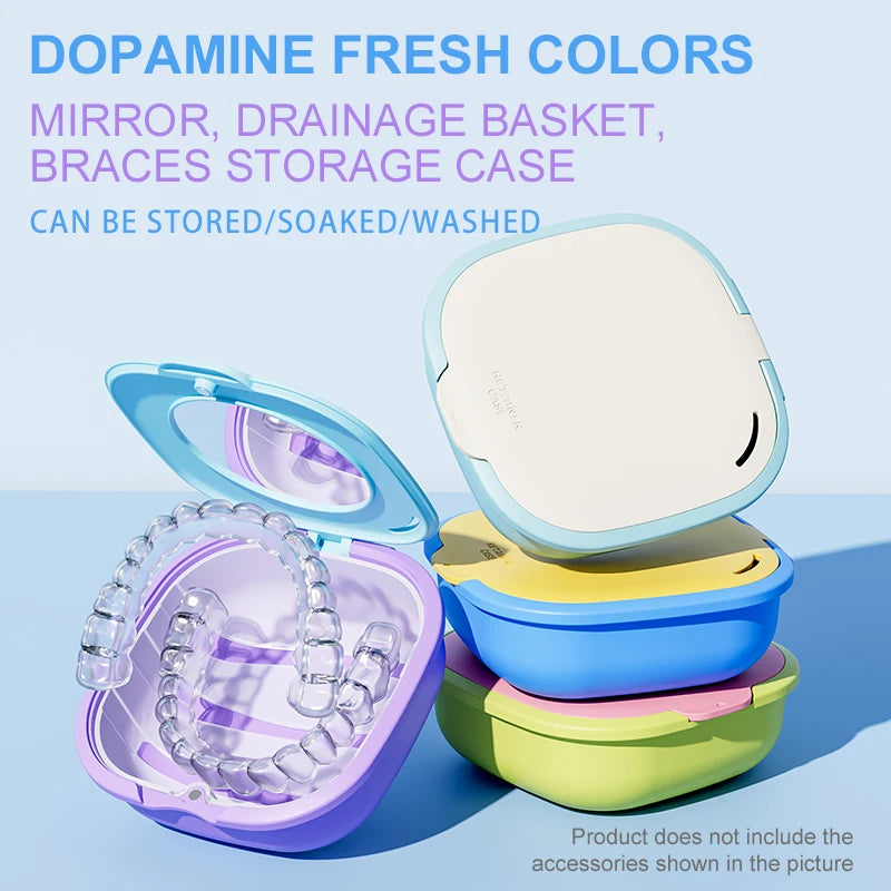 A light blue denture storage case with a mirror, drainage basket, and braces storage features shown in various colors.