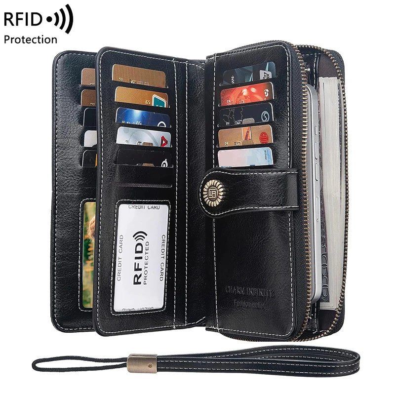 Black RFID protection multi-card wallet with a leather wrist strap and zipper closure