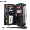 Black RFID protection multi-card wallet with a leather wrist strap and zipper closure