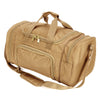 A tan travel duffel bag with padded straps and zippered compartments.