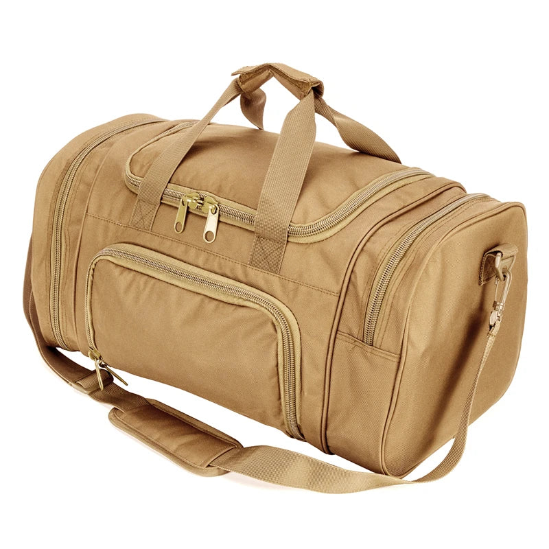 A tan travel duffel bag with padded straps and zippered compartments.