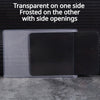 A transparent PVC card protector sleeve with a frosted side and openings shown next to a black sleeve.