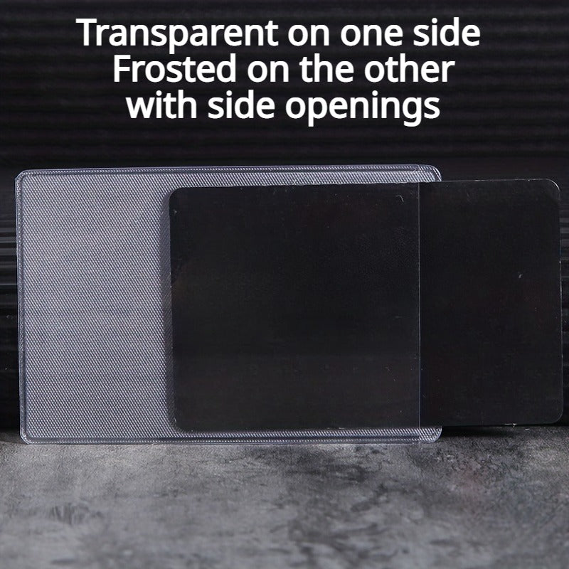 A transparent PVC card protector sleeve with a frosted side and openings shown next to a black sleeve.