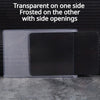 A transparent and frosted PVC card protector sleeve with side openings shown on a dark surface.