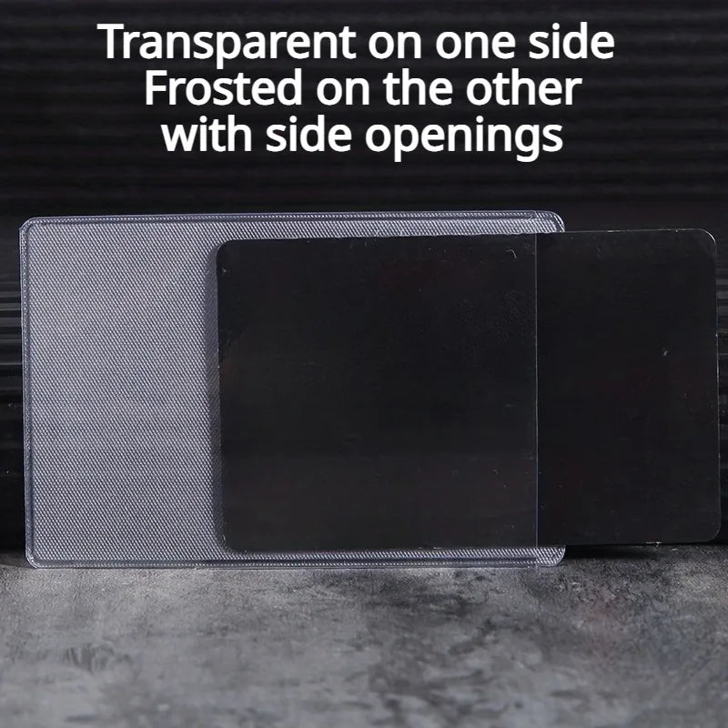 A transparent and frosted PVC card protector sleeve with side openings shown on a dark surface.