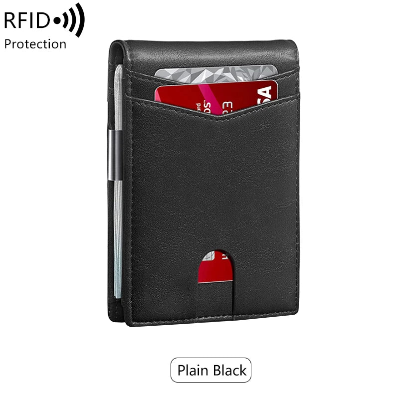 A plain black minimalist slim wallet with a slot for cards and a red accent.