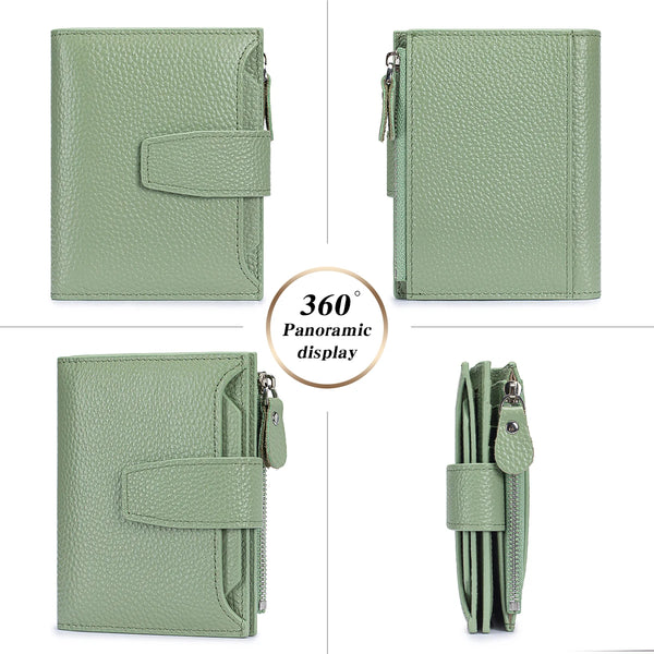A light sage green genuine leather RFID blocking bi-fold wallet shown in multiple views.