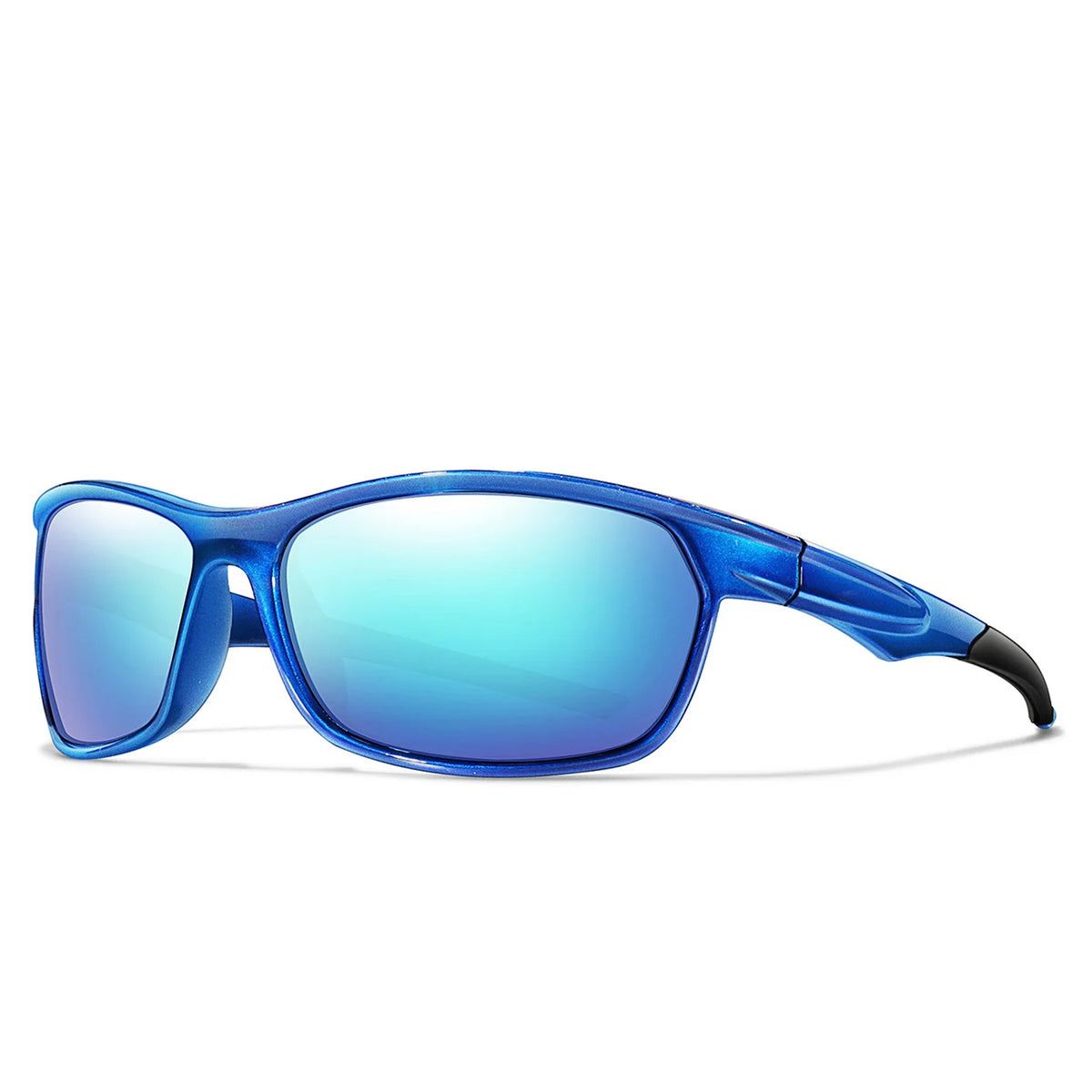 Un par de gafas deportivas azules polarizadas con brazos oscuros, mostradas contra un fondo blanco.
