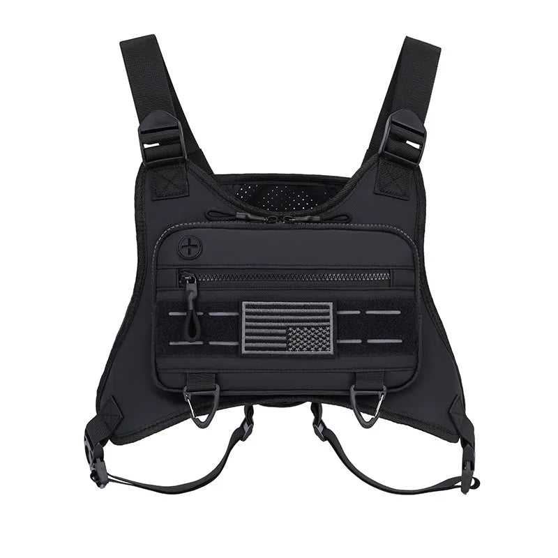 Black tactical chest bag with MOLLE webbing and a flag patch