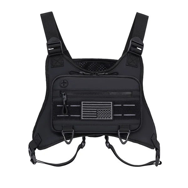 Black tactical chest bag with MOLLE webbing and a flag patch