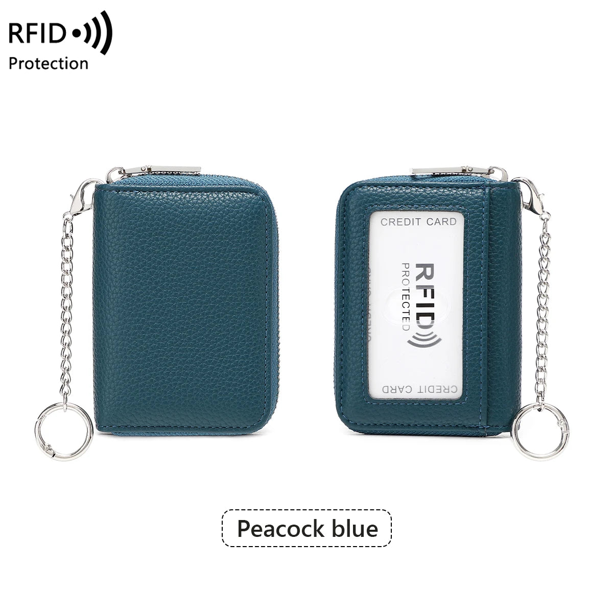 A dark teal RFID protected accordion wallet with a silver chain, shown in a close-up view.