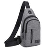 A gray men's versatile crossbody sling chest bag with a black strap shown from the side.