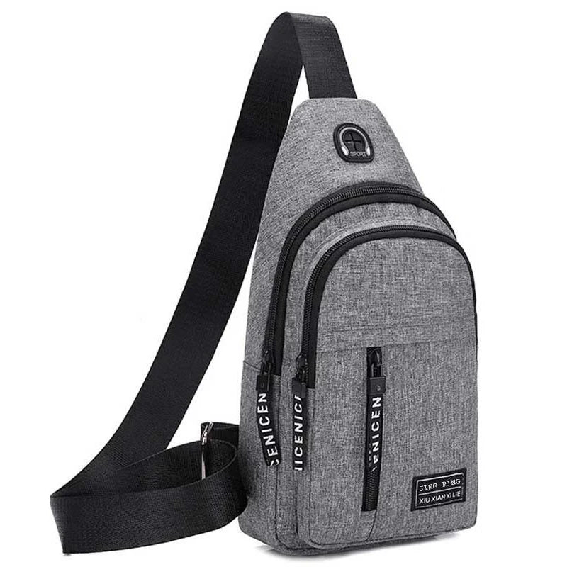 A gray men's versatile crossbody sling chest bag with a black strap shown from the side.