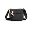 A black plaid crossbody shoulder bag with a gold-toned chain and leather strap.
