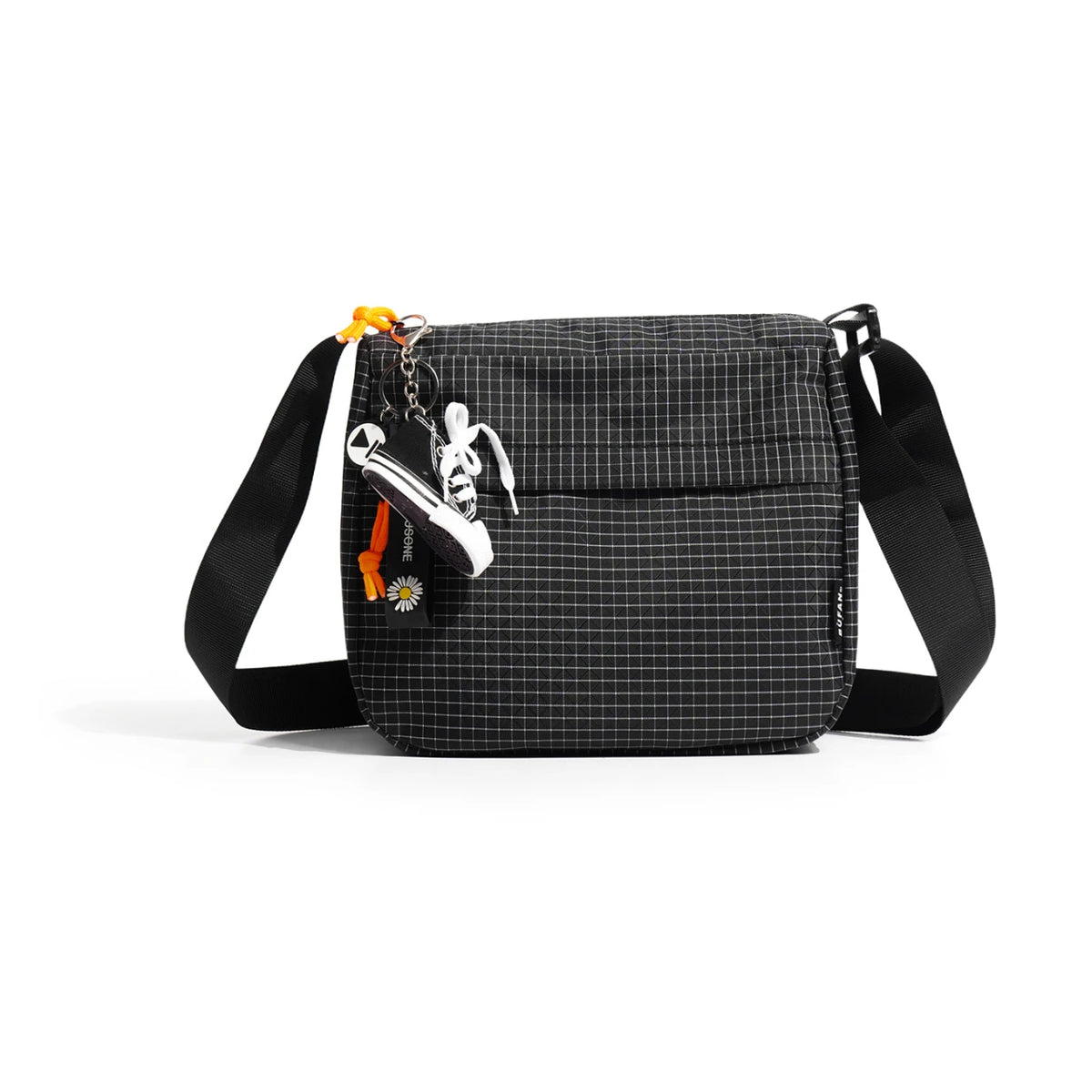 A black plaid crossbody shoulder bag with a gold-toned chain and leather strap.