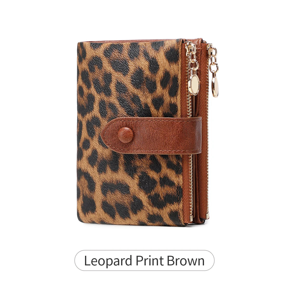A brown leopard print women's wallet with a leather flap and gold-toned zipper details.