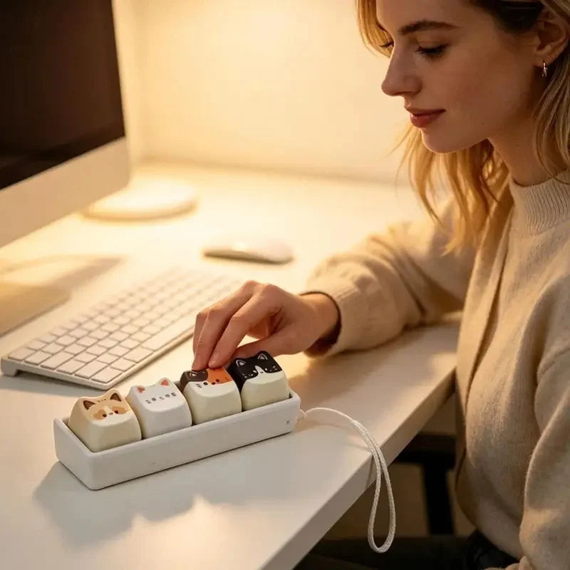 A woman is using a white cat keycap fidget toy with a lanyard on a desk.