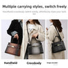 A set of elegant PU leather handbags shown in handheld, crossbody, and single shoulder styles.